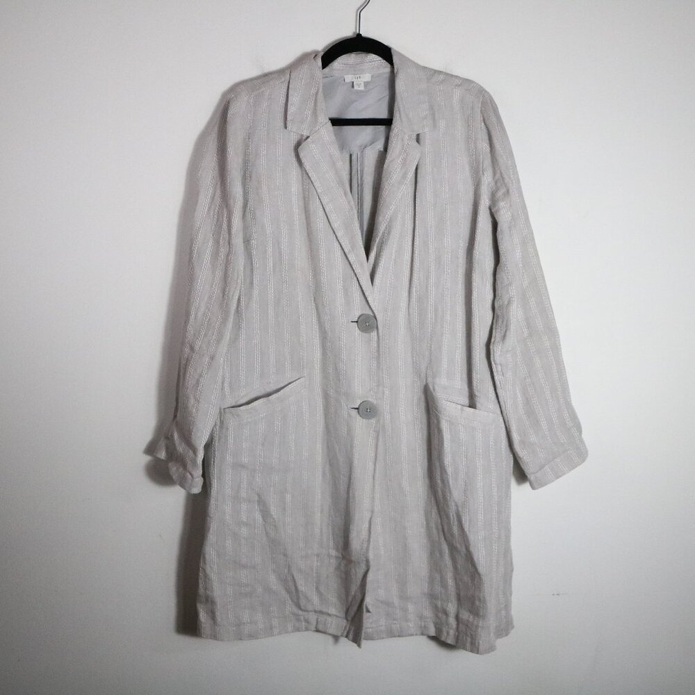 J Jill Linen Striped Longline Blazer Jacket Medium Gray Long Boho Lagenlook bus
